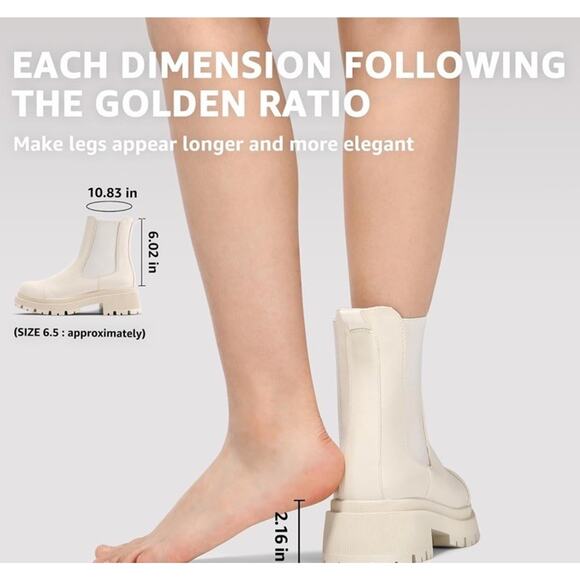 Bacia Chelsea Ankle Boots Women Lug Sole Chunky Heel Slip On Booties Beige White - Picture 4 of 7